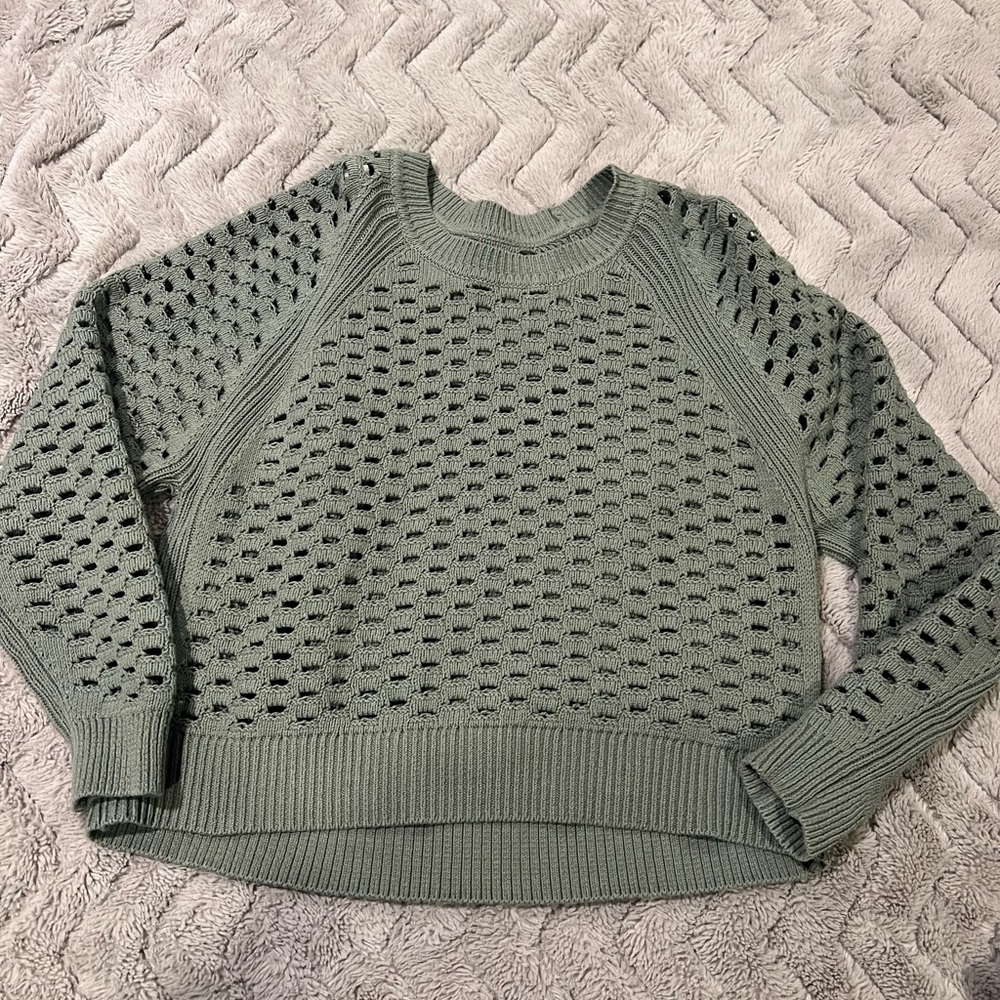 Loft Open-Knit Crewneck Sweater - Sage Green